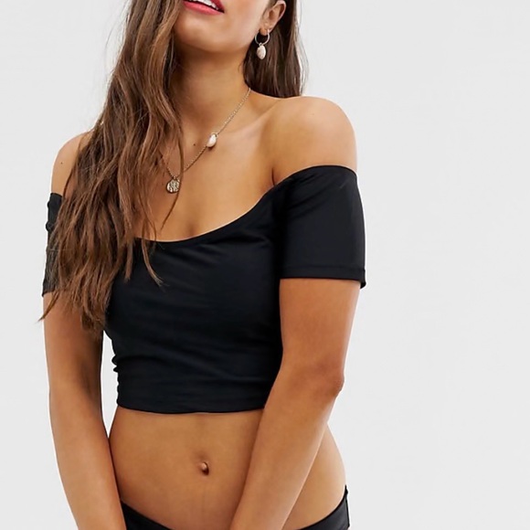 Sam Edelman Off Shoulder Bikini Top Black Tie Back Crop Swim Top Size L - Picture 2 of 6